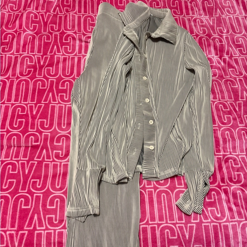 Striped Button-Up Shirt and Pants Set - Black & White